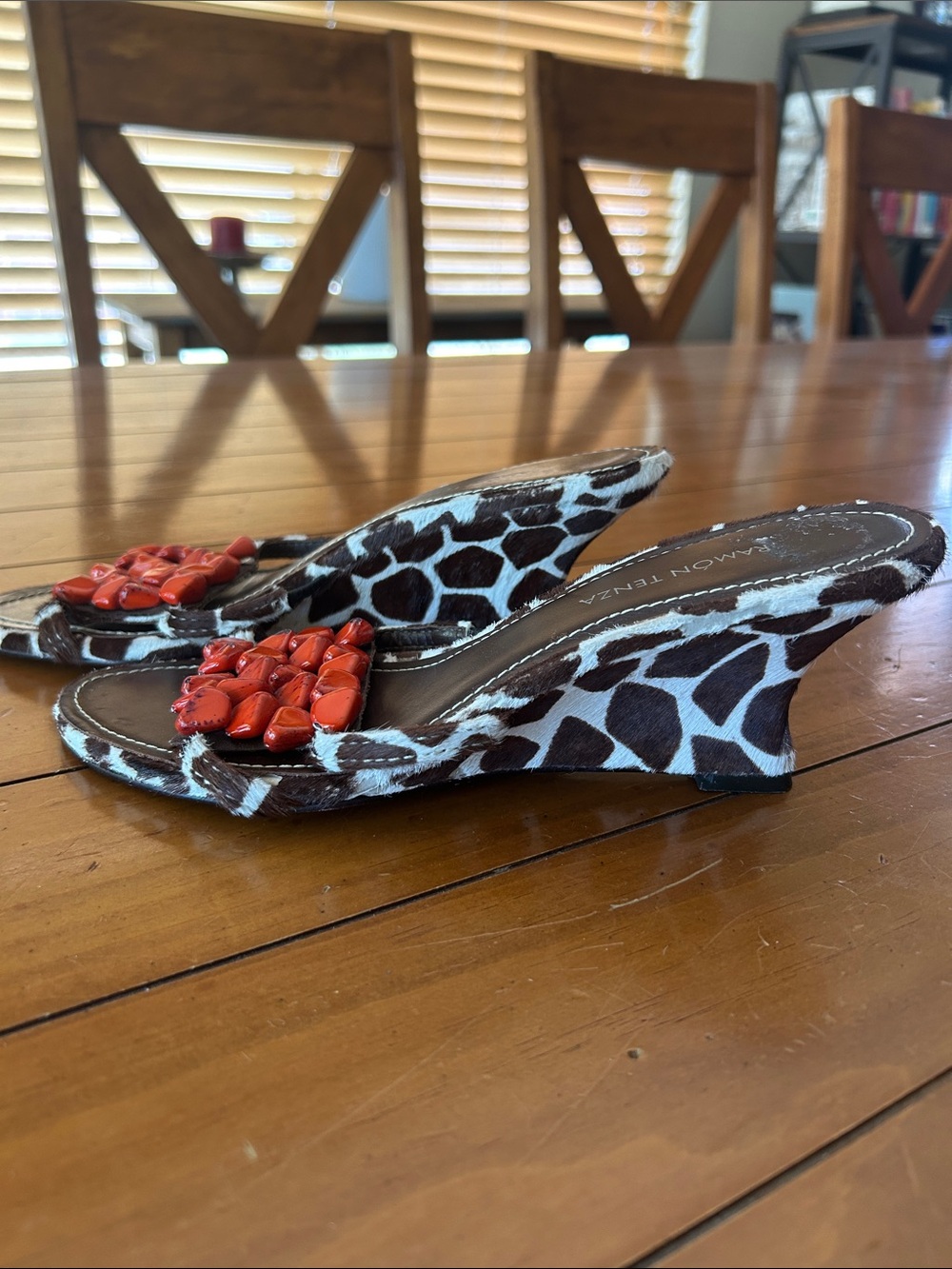 Ramon Tenza Giraffe Print Calf Hair Wedge Slides Red Stone Embellished Size 7.5